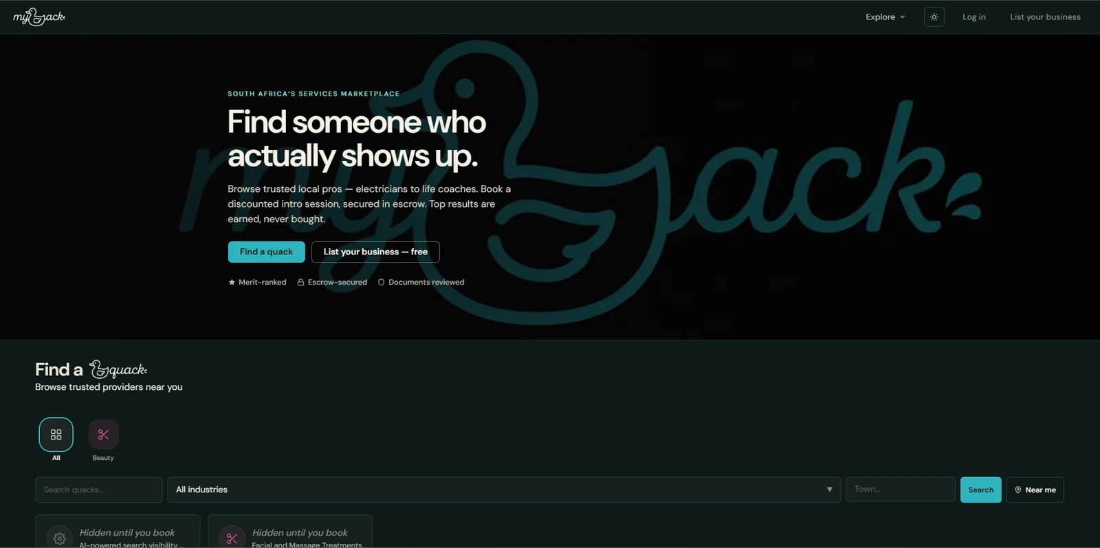 The live MyQuack services marketplace browse interface